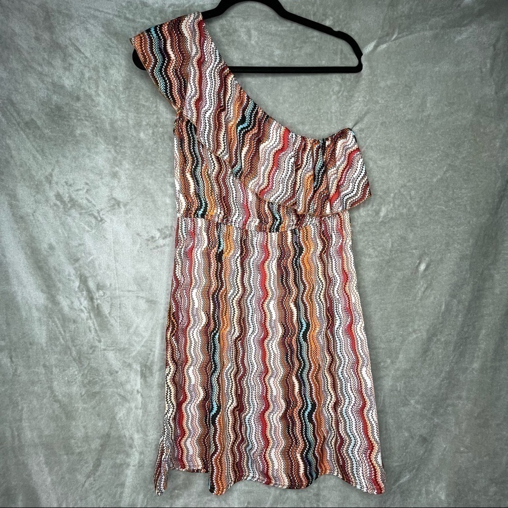 She's Cool Geometric Zig Zag Print One Shoulder Stretch Waist Dress Size XL
